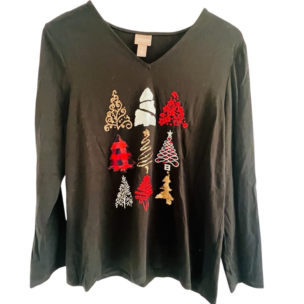Chico’s Black Long Sleeve Top with Sequin Festive Tree Designs